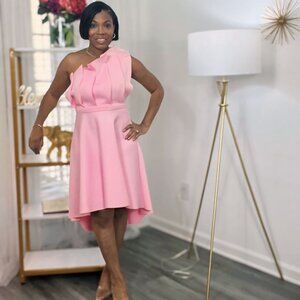 HALF SHOULDER PLEATED COCKTAIL DRESS